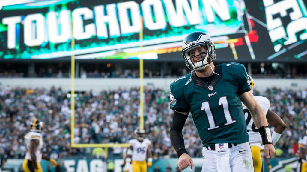 Carson Wentz Philadelphia Eagles touchdown celebration NFL game day stadium fans wallpaper