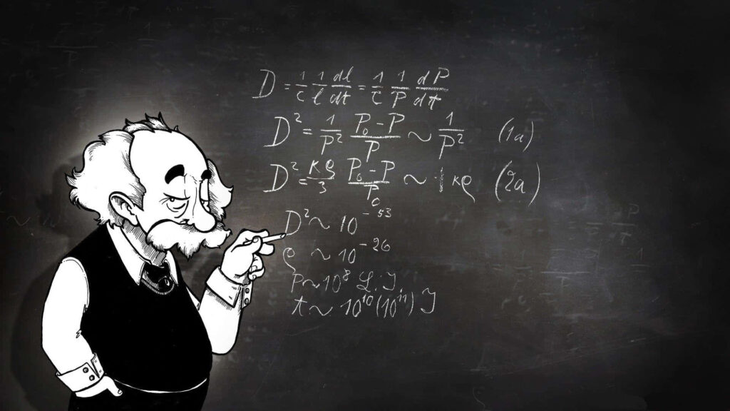 Cartoon Albert Einstein with blackboard full of complex equations wallpaper background science
