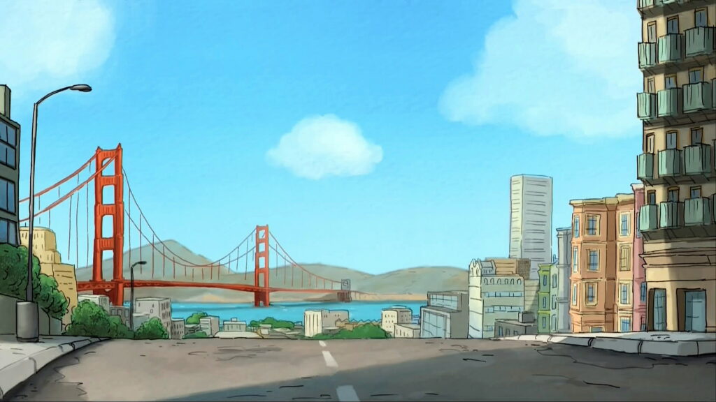 Cartoon Grizzly, Panda, and Ice Bear Explore the City: Majestic Skyline in HD Wallpaper
