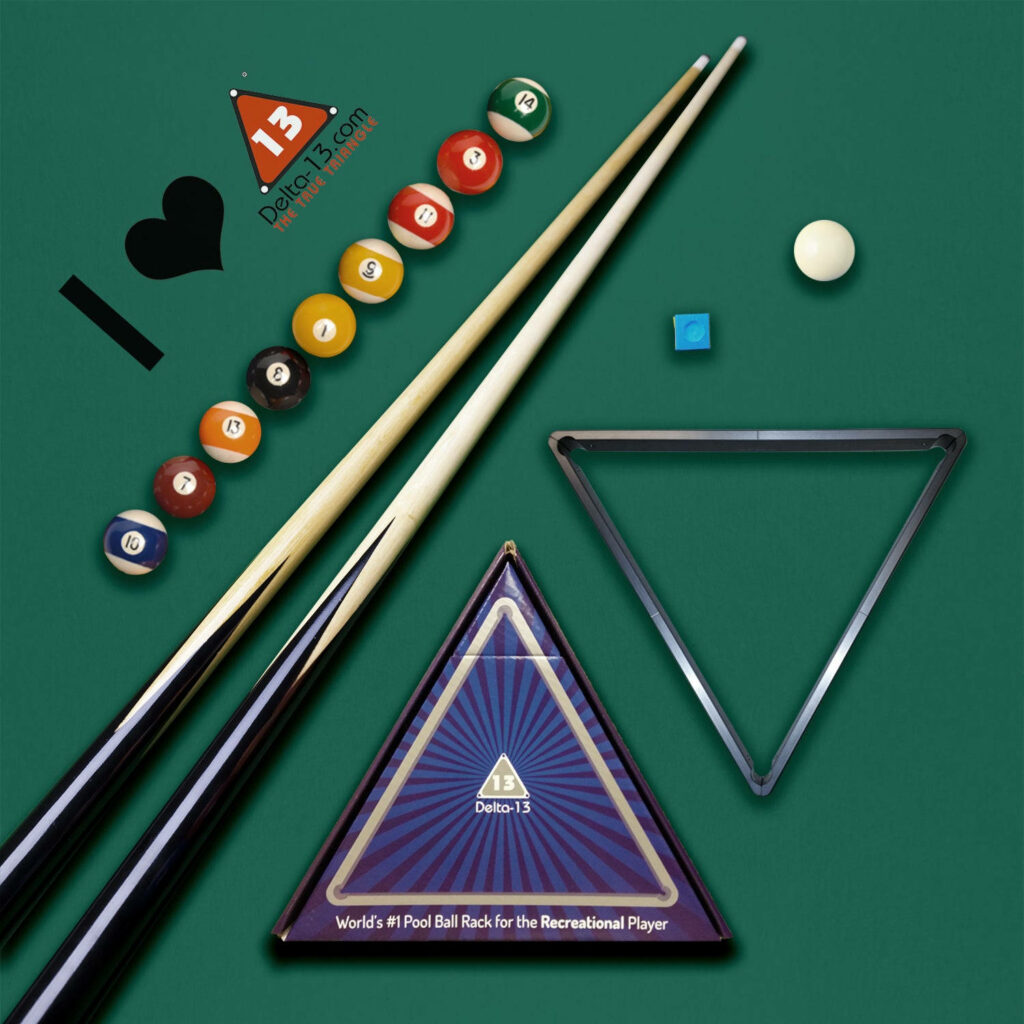 Cartoon billiards wallpaper with pool cues balls triangle rack and chalk on green table background