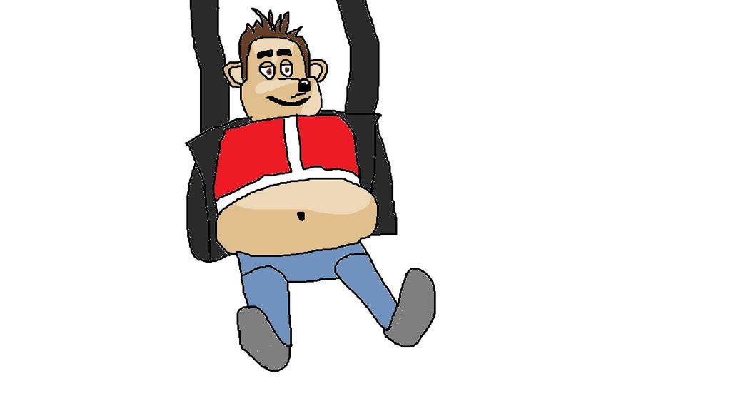Cartoon character in red shirt and blue pants hanging by black straps with exposed belly on white Wallpaper