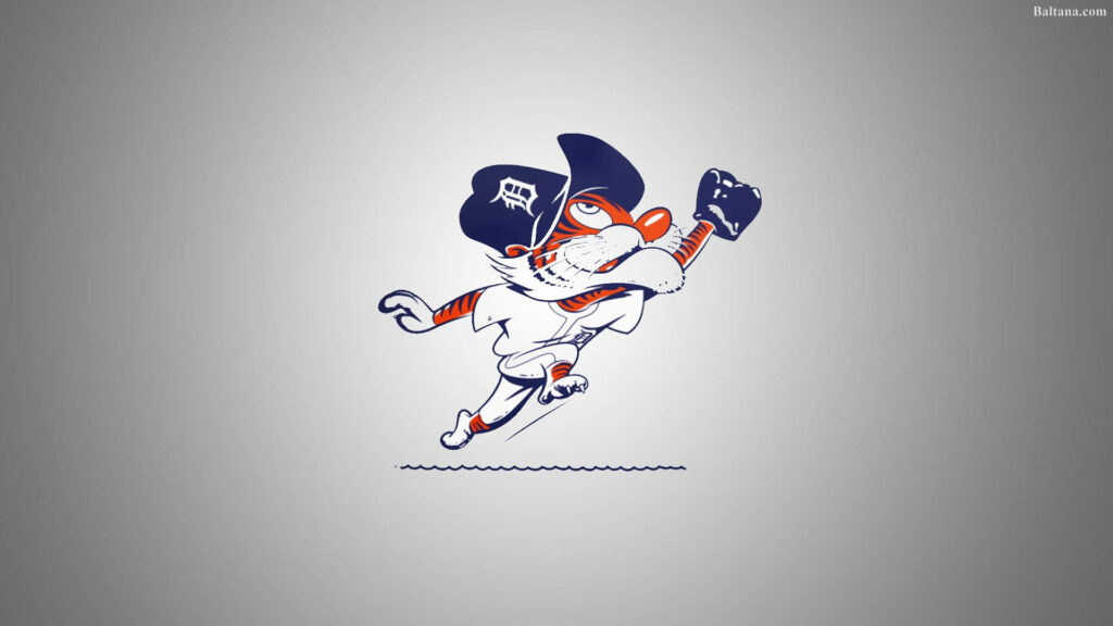 Cartoon kitty dressed as Detroit Tigers outfielder leaping to catch ball on gray wallpaper background