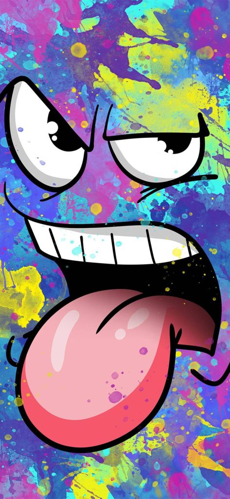 Playful cartoon face wallpaper with tongue out on vibrant rainbow splatter paint background