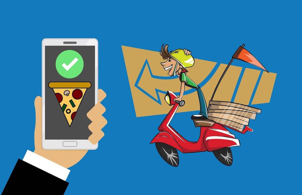 Cartoon delivery rider on red scooter with pizza boxes and smartphone showing order success on blue background Wallpaper