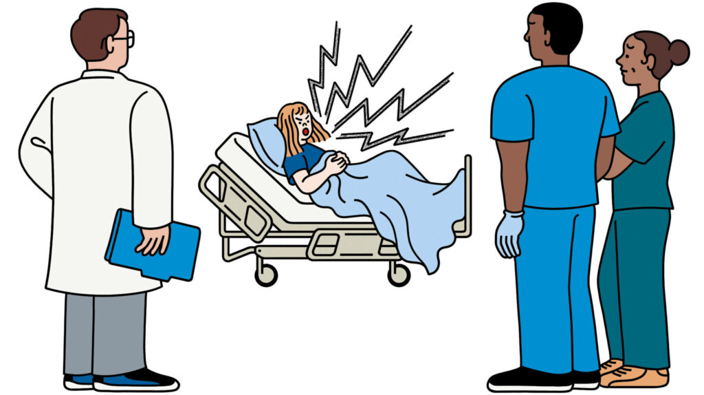 Cartoon hospital scene with doctor and nurses caring for patient in pain in hospital bed Wallpaper