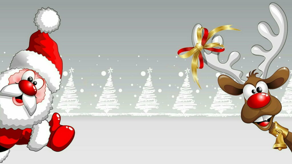 Cartoon Santa Claus and his Reindeer Friends with Christmas Ornament Background Wallpaper