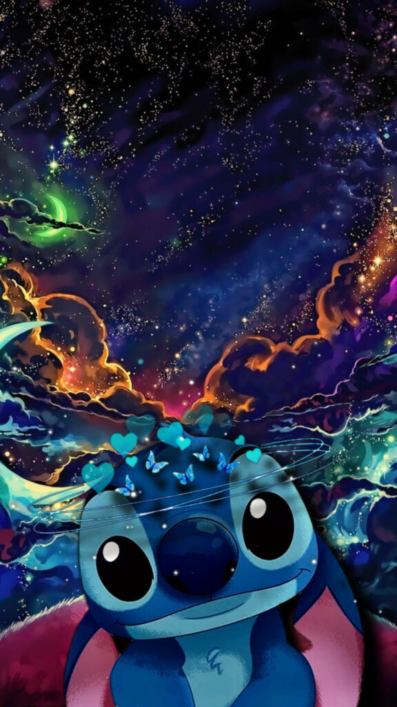 Stellar Stitch: A Whimsical Cartoon Journey through Outer Space - HD Phone Wallpaper Bliss!