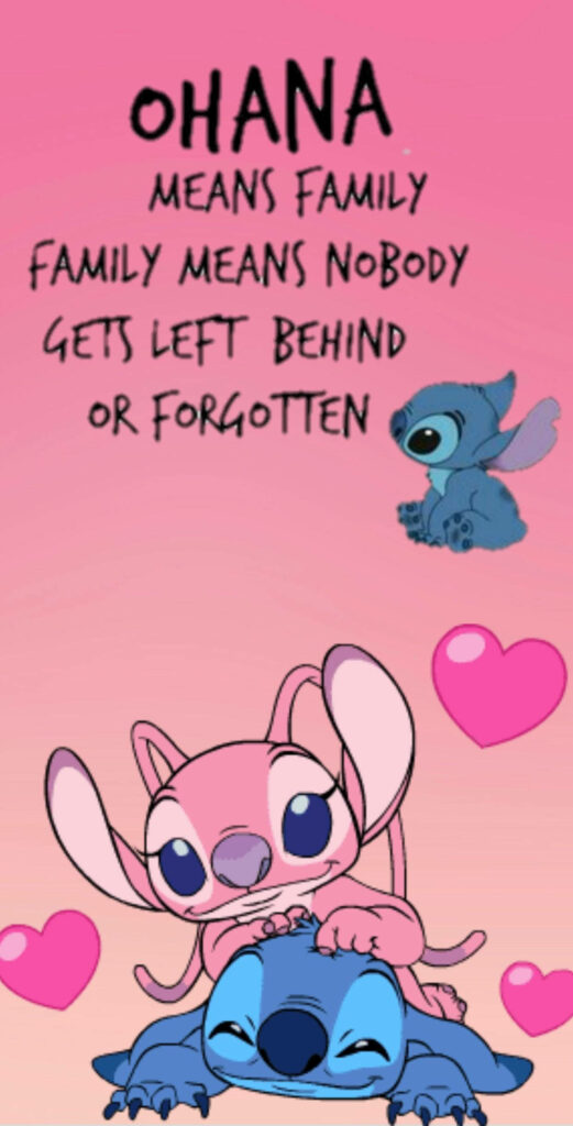 Adorable Pink & Blue Cartoon Wallpaper with Heart Quote on Ohana