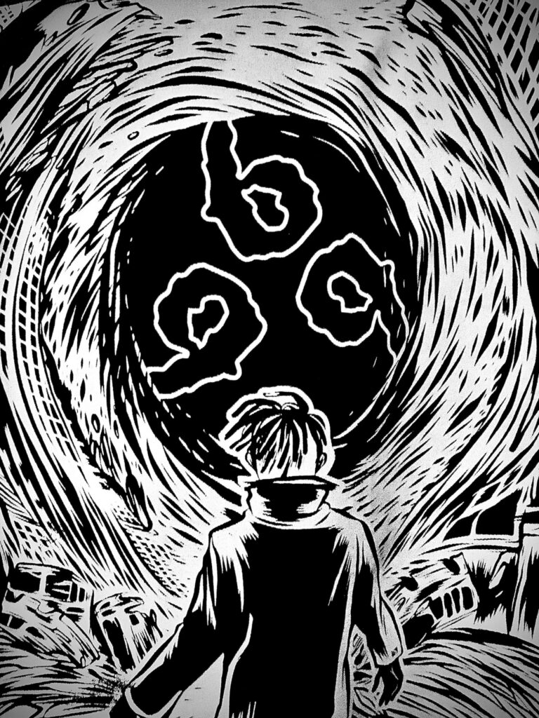 Cartoon Character Before Vortex: Dramatic Black & White Illustration Wallpaper