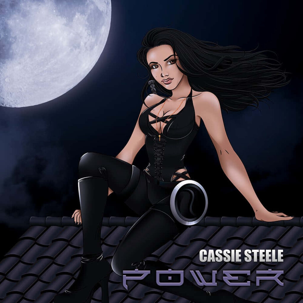 Cassie Steele as moonlit vigilante in black outfit on rooftop under full glowing moon wallpaper