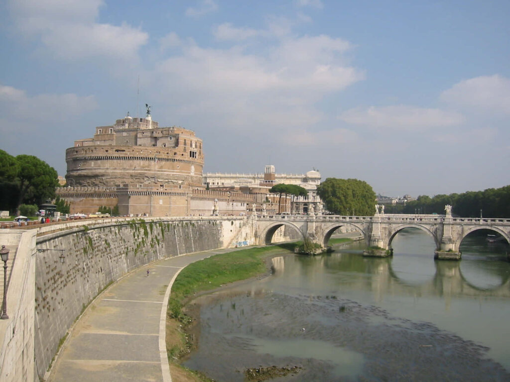 Castel SantAngelo daylight view with Tiber River historic bridge blue sky Rome wallpaper background