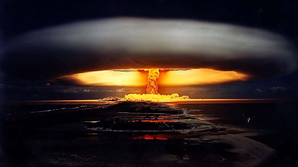 Castle Bravo nuclear test mushroom cloud glowing golden over Bikini Atoll historic powerful wallpaper