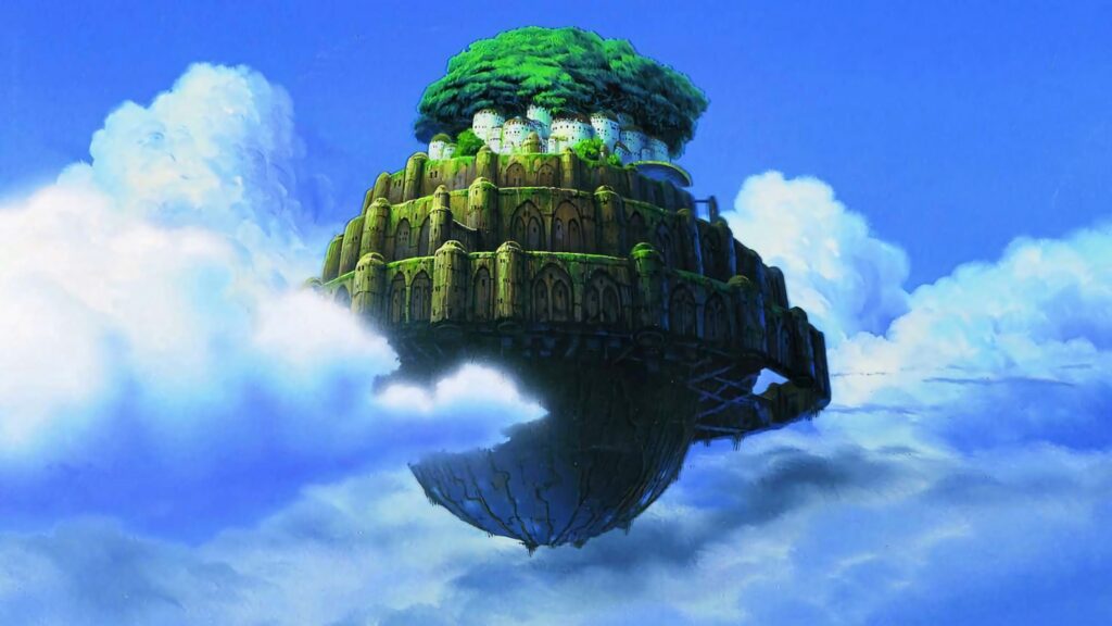 Castle in the Sky above clouds with lush greenery and detailed stone architecture wallpaper
