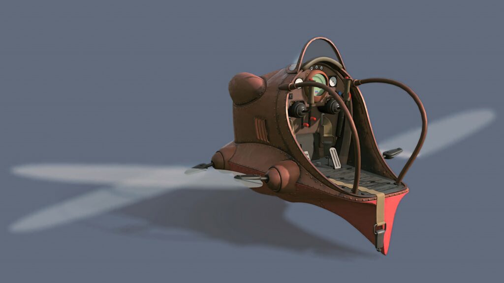Vintage single-seater flying vehicle from Castle in the Sky with metallic textures and shadows Wallpaper