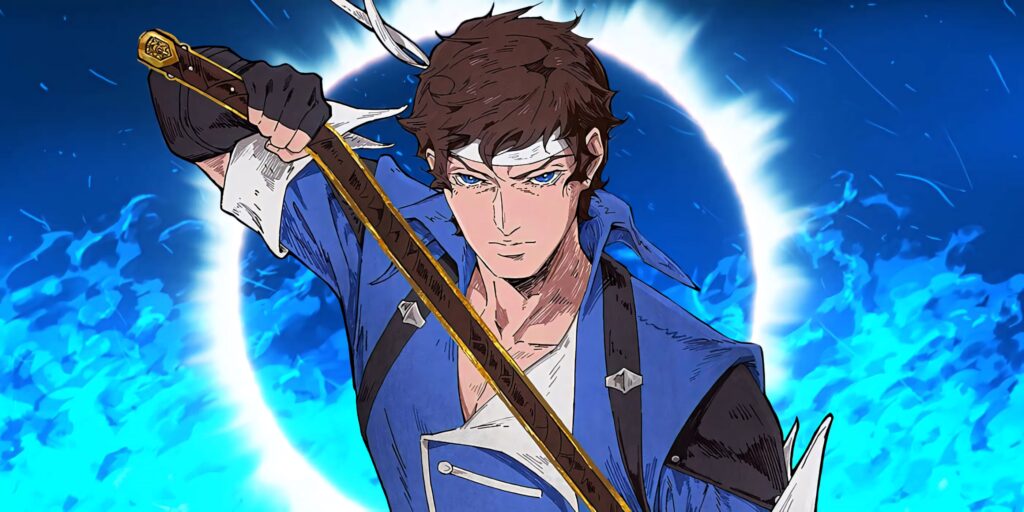 Castlevania Character Wallpaper: Fiery Blue Background & Determined Stance