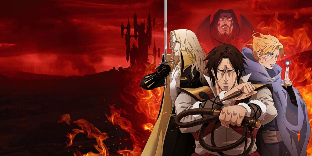Castlevania Wallpaper: Heroes & Dracula Against Fiery Red Background