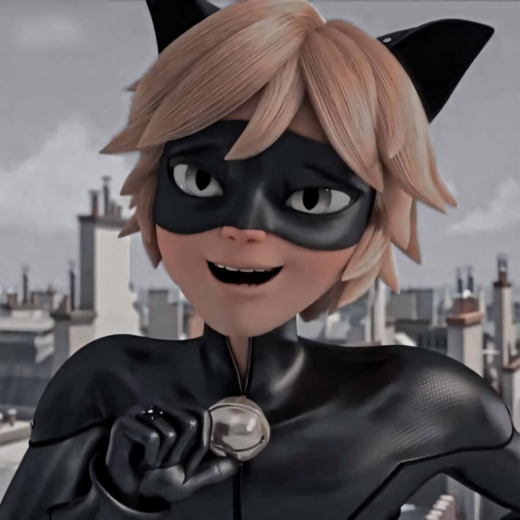 Cat Noir in black suit and cat ears stands on Paris rooftop protecting city skyline background Wallpaper