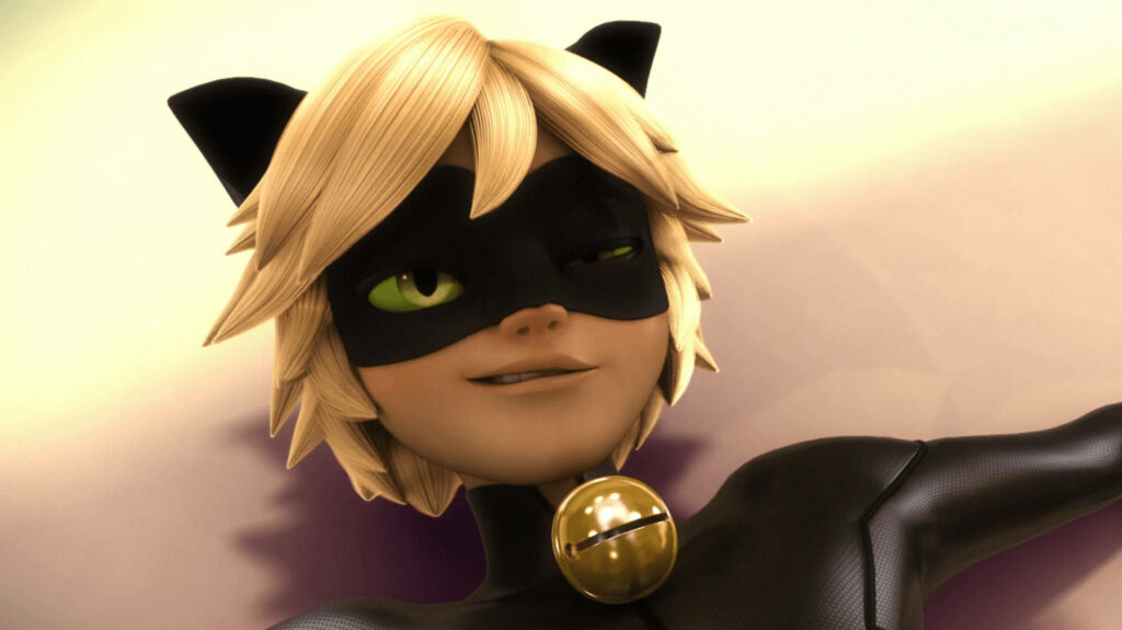 Cat Noir Smirking Wallpaper with black cat ears mask suit and golden bell 3D animation
