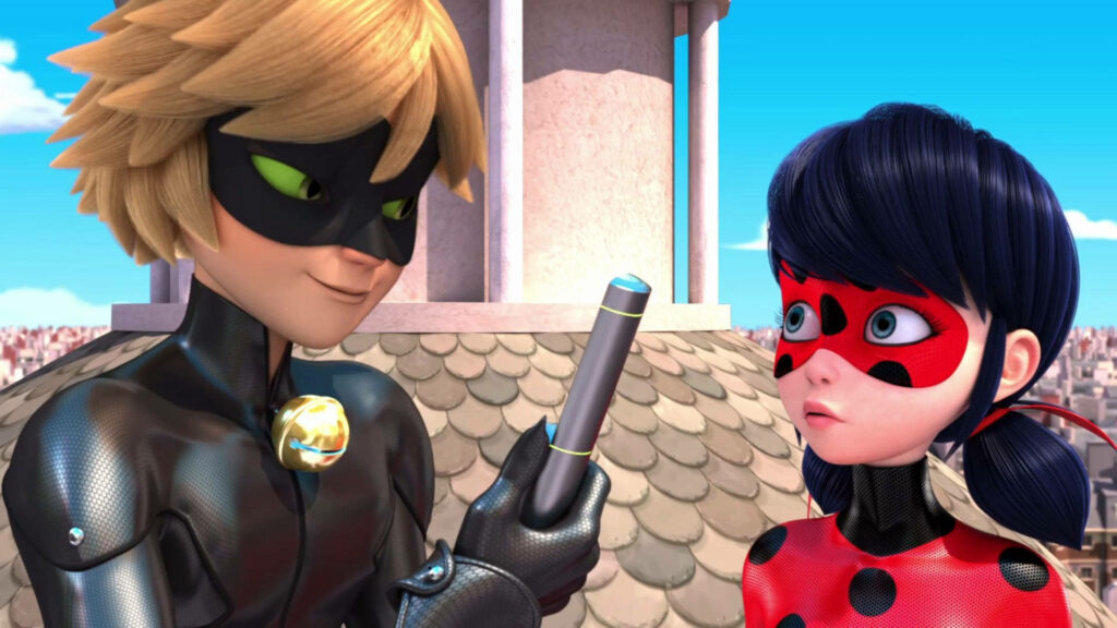 Cat Noir and Ladybug talking on Paris rooftop vibrant 3D animation detailed superhero wallpaper