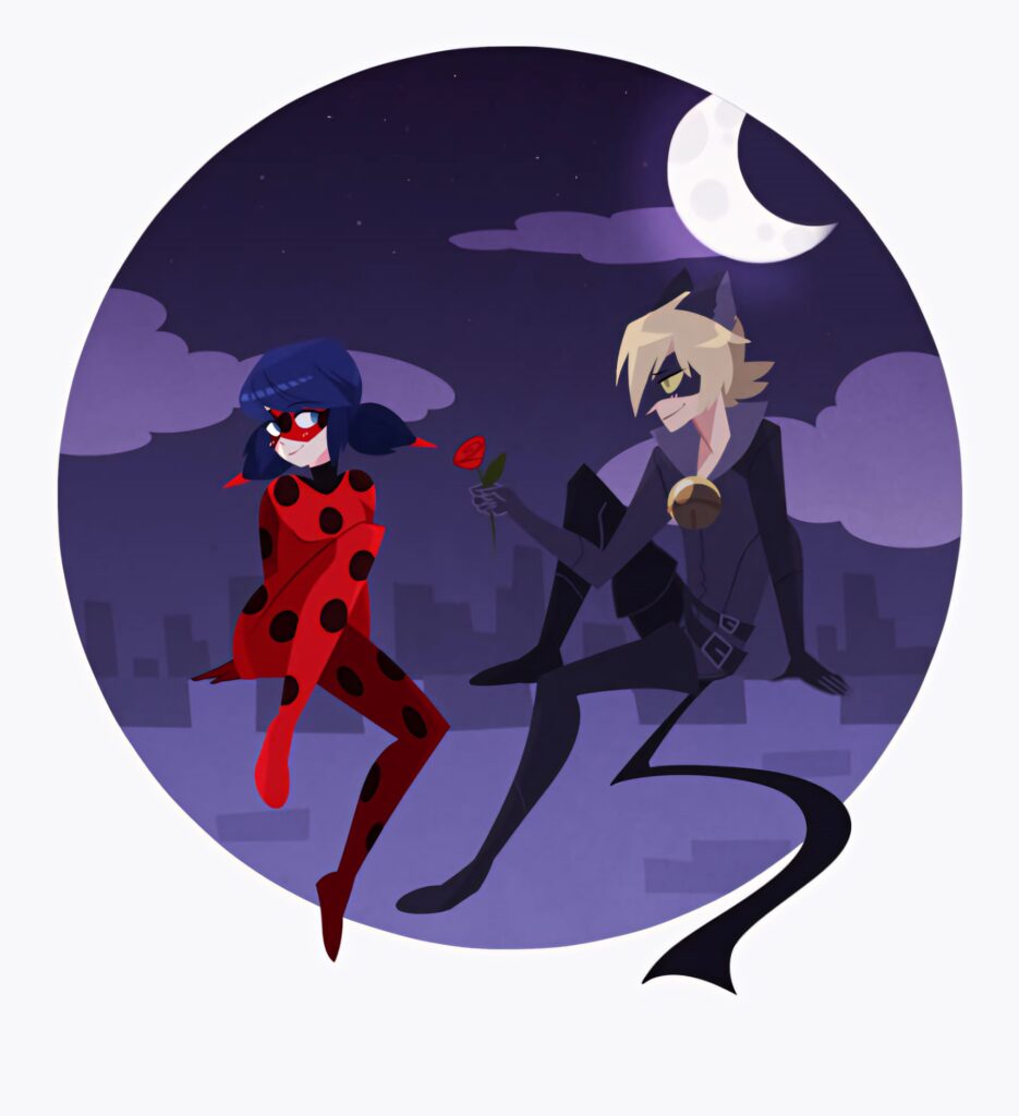 Cat Noir and Miraculous Ladybug on rooftop under glowing moon with dreamy purple night sky wallpaper
