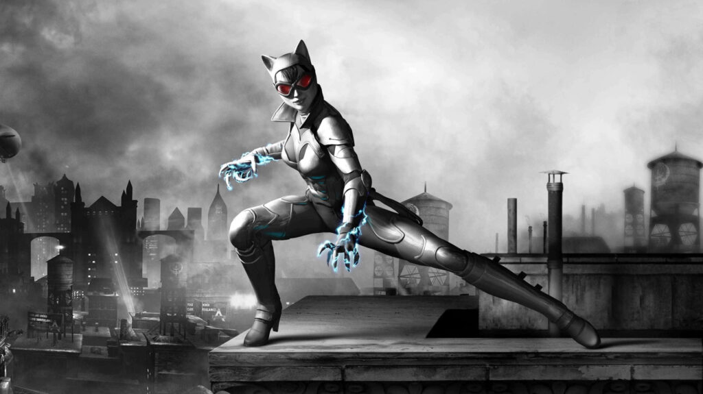 Cat Woman from Batman Arkham Origins poised on rooftop with glowing blue claws and city skyline Wallpaper