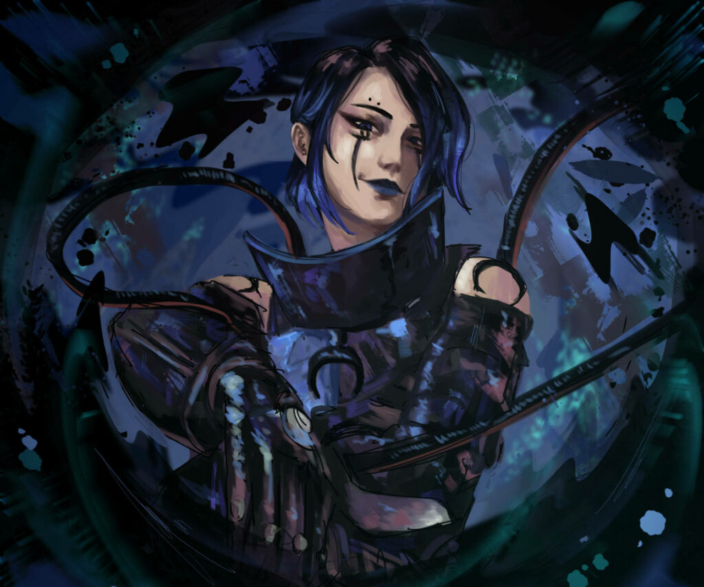 Digital artwork of Catalyst Apex Legends confident pose with dynamic abstract background wallpaper