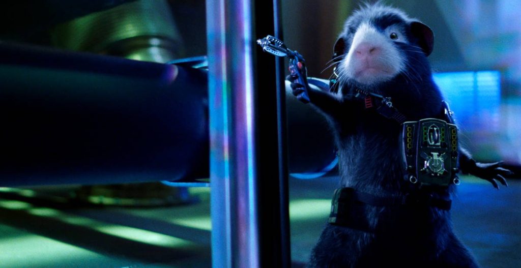 Catch Blaster guinea pig with futuristic blaster in neon-lit industrial spy action wallpaper background