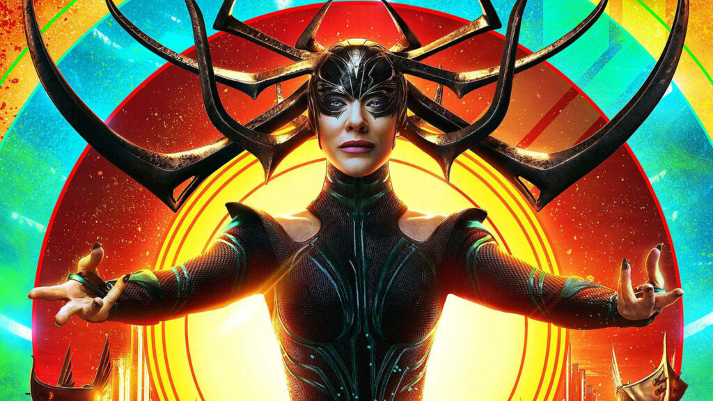 Cate Blanchett as Hela in dark armor with horned headpiece against neon cosmic Thor Ragnarok background Wallpaper