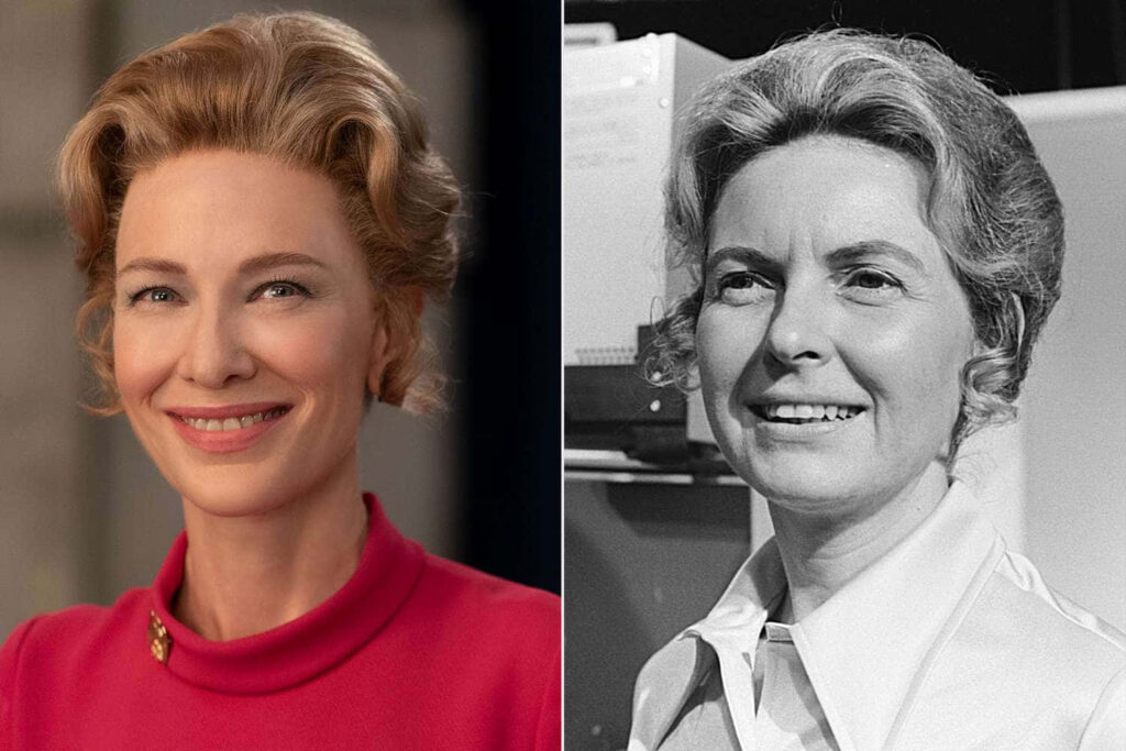 Side-by-side wallpaper of Cate Blanchett in character and Phyllis Schlafly vintage photo with matching hairstyles