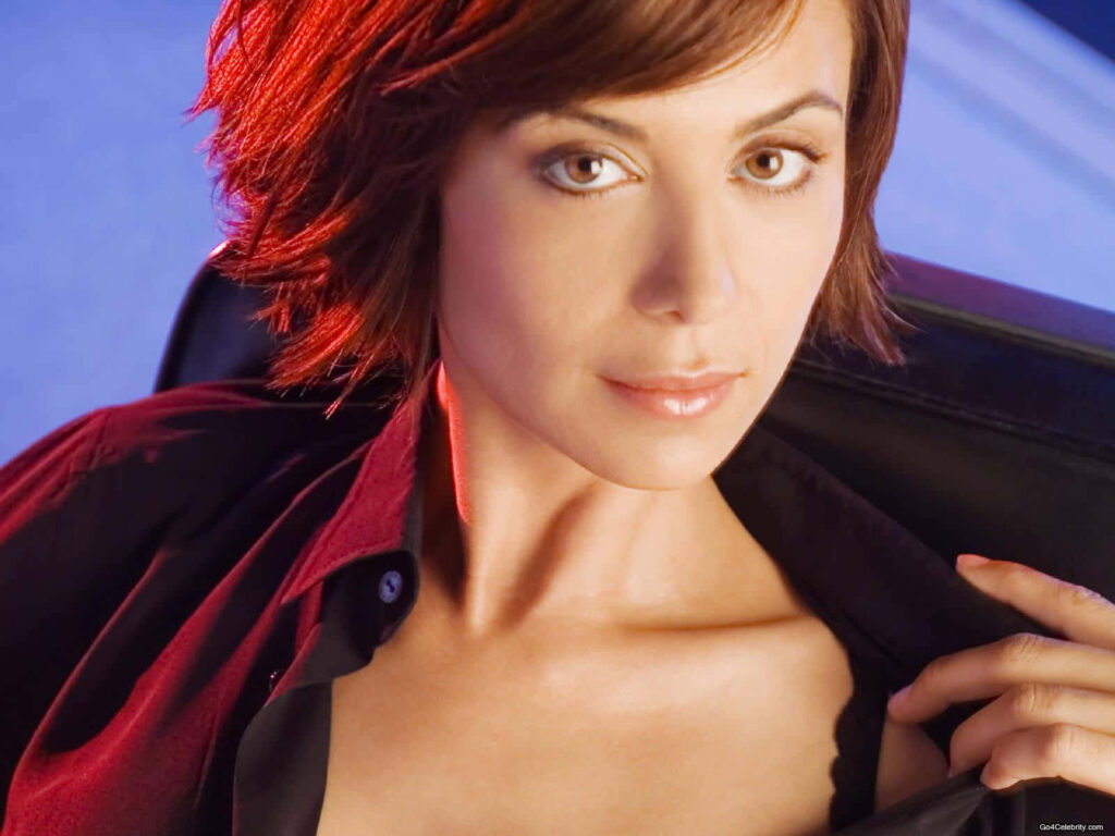 Catherine Bell close-up portrait in red top with soft lighting and cool blue background wallpaper