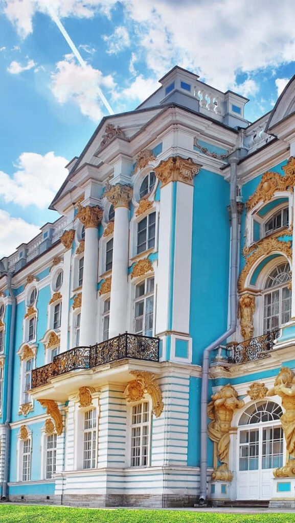 Rococo Catherine Palace wallpaper with gold details white columns blue facade Russian imperial design