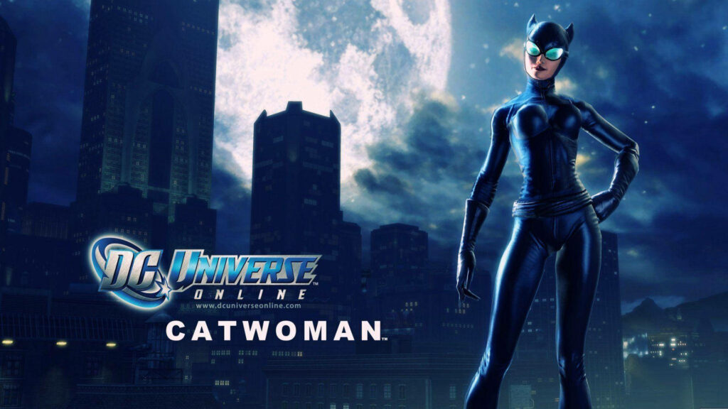 Catwoman in sleek black suit stands confidently with Gotham city lights in background DC Universe Online Wallpaper