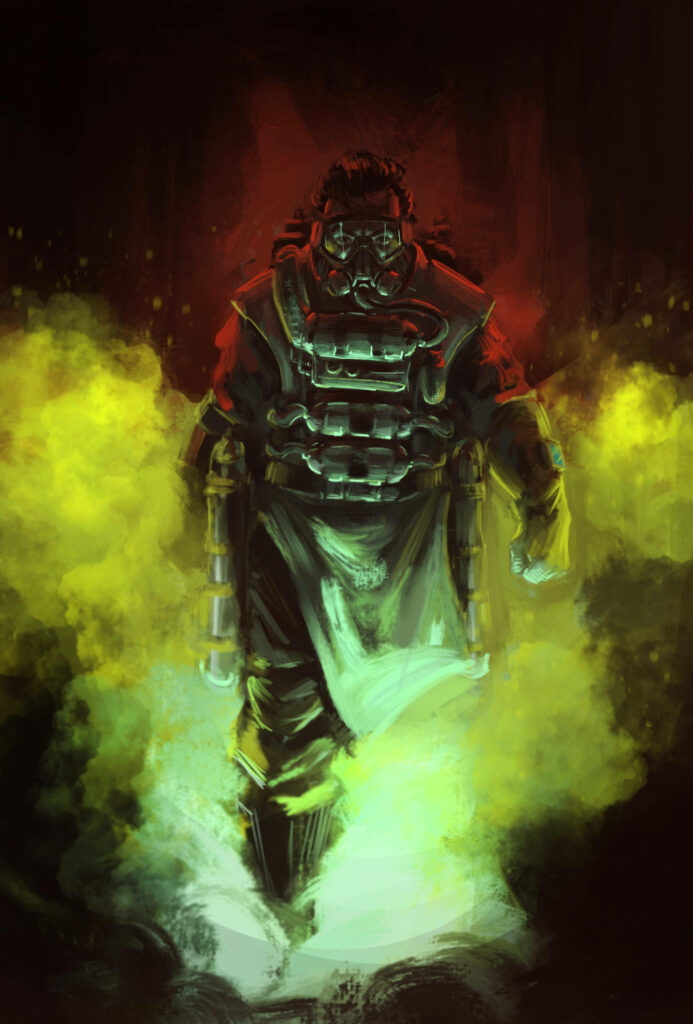 Caustic Apex Legends standing in swirling green toxic gas intense gaming wallpaper background