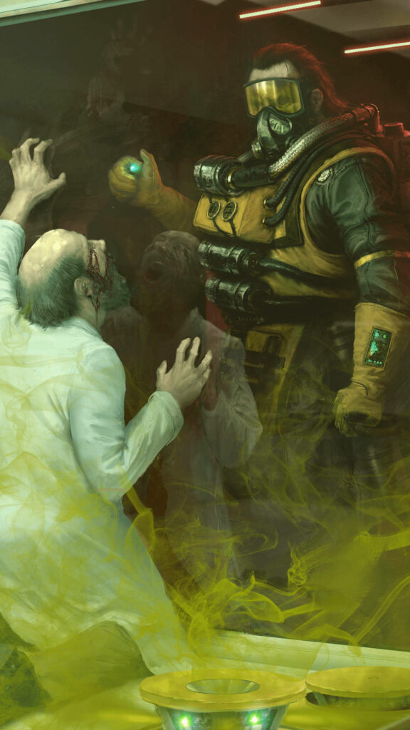 Caustic Apex Legends in gas suit releasing toxic gas with terrified scientist intense wallpaper
