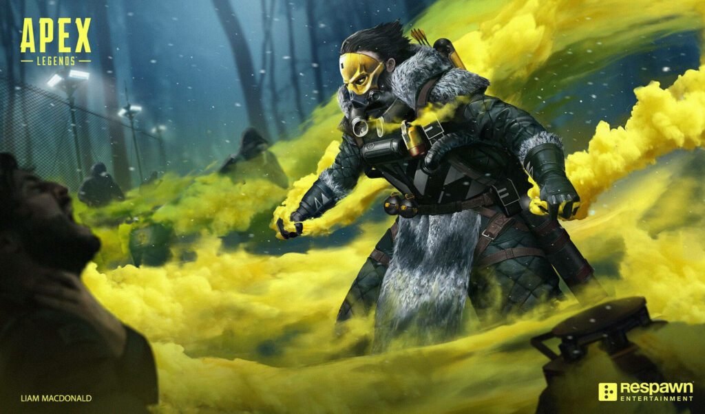 Caustic in toxic gas cloud Apex Legends wallpaper tactical gear menacing battlefield stance