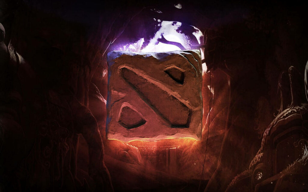 Dark, Mysterious Cave Entrance with Nature's Serene Beauty Surrounding the Dota 2 Symbol Wallpaper