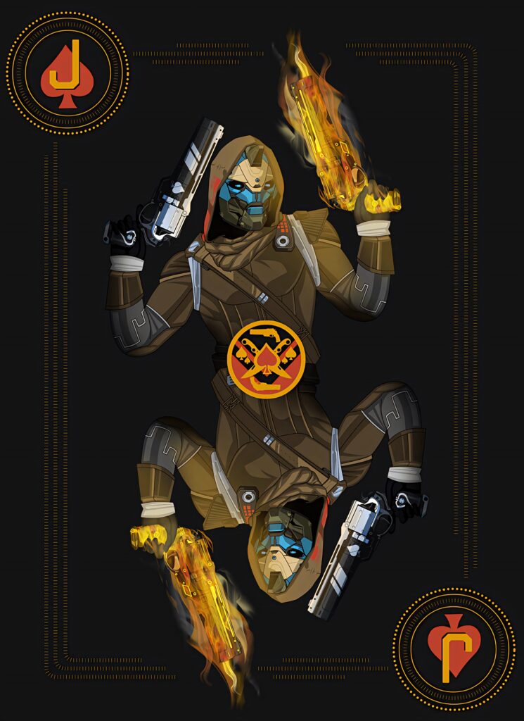 Cayde-6 Destiny playing card wallpaper with masked face armor dual pistols fiery gold accents