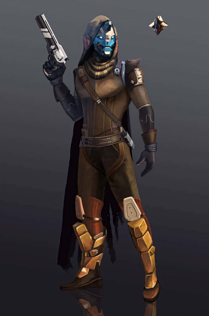Cayde-6 in detailed exo armor with handgun and floating Ghost in Destiny sci-fi wallpaper