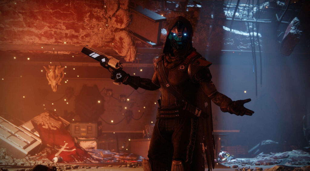 Cayde-6 in glowing blue eyes and armor stands in dim debris-filled Destiny sci-fi environment background Wallpaper