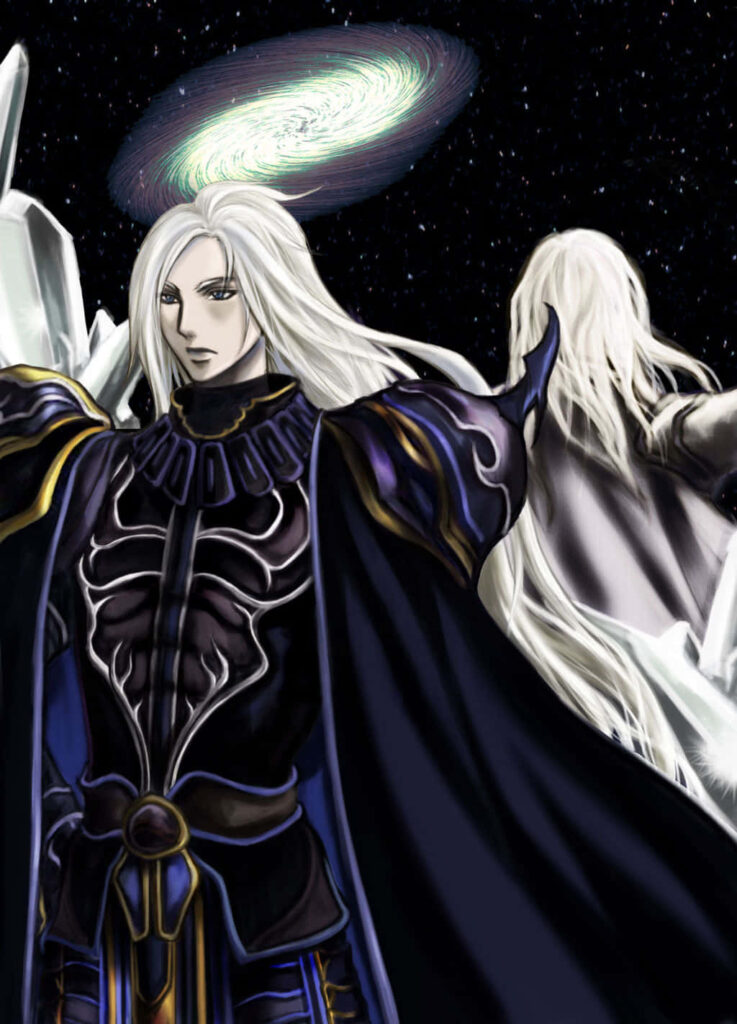 Cecil Harvey in dark armor with white hair against cosmic galaxy and crystal fantasy background Wallpaper