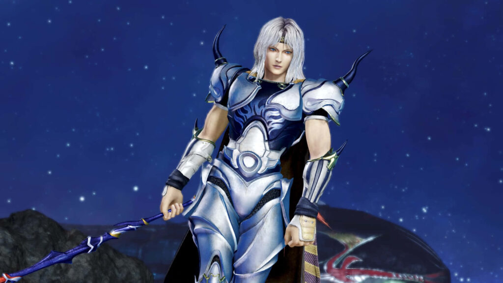 Cecil Harvey Dark Knight Final Fantasy in silver blue armor with mystical lance under starry sky Wallpaper