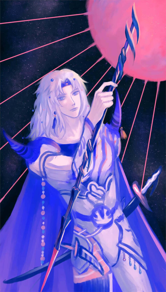 Cecil Harvey in radiant armor with white hair and mystical staff glowing red celestial background Wallpaper
