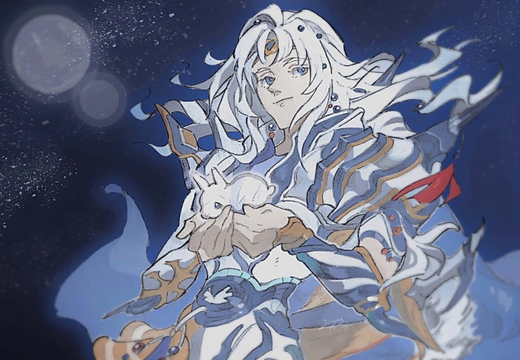 Cecil Harvey Final Fantasy IV in silver armor holding white rabbit under starry night sky wallpaper