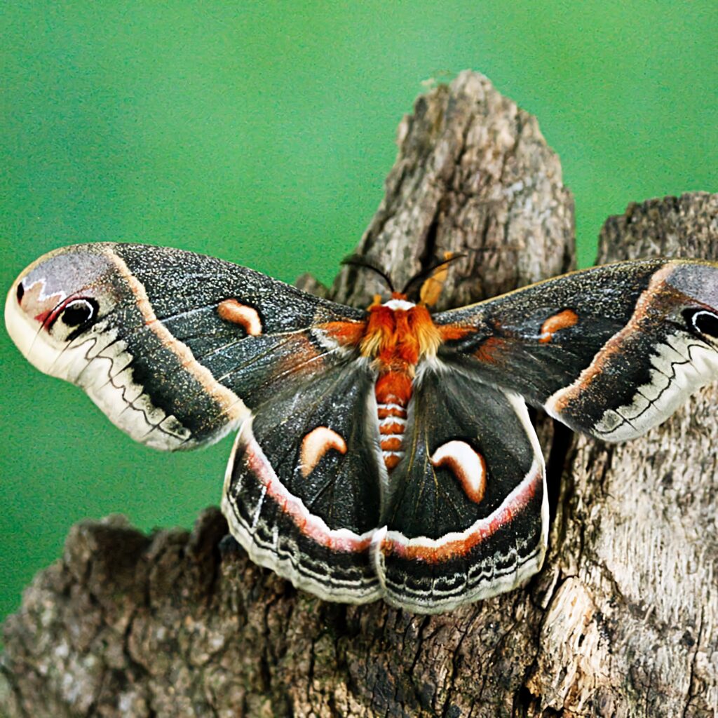 Cecropia Moth with intricate grey rust and white wings on textured tree bark natural green backdrop Wallpaper