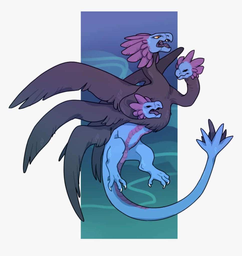 Stylized three-headed dragon Pokémon fan art with blue scales purple neck ruffs and dark wings wallpaper