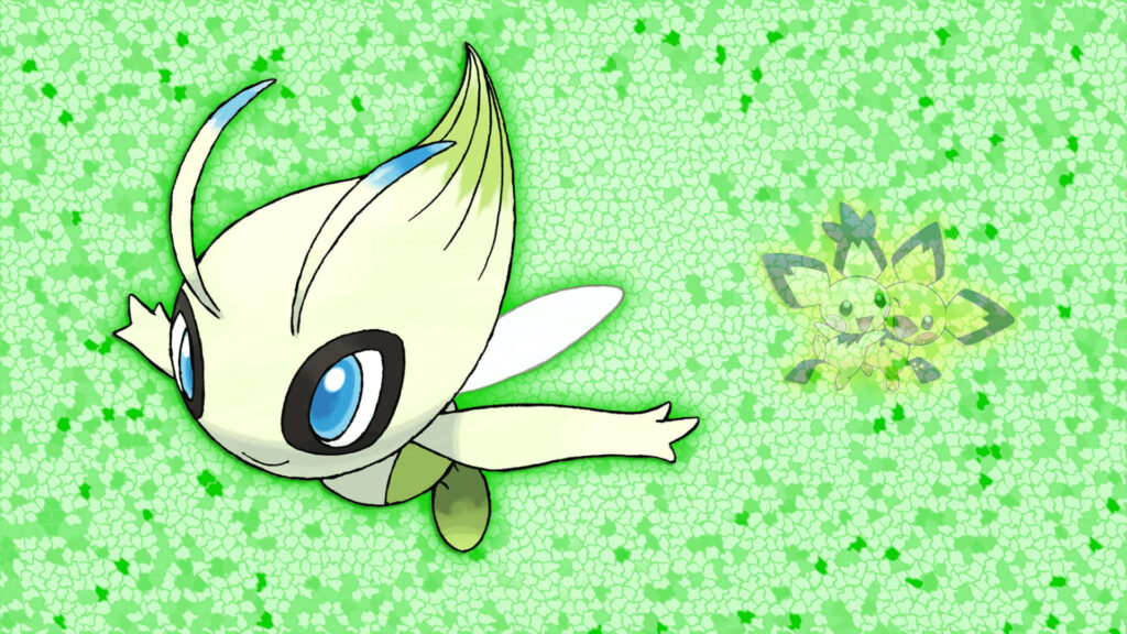 Celebi legendary Pokémon soaring on vibrant green textured background with leafy patterns Wallpaper