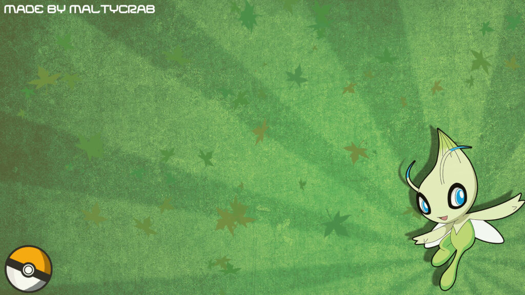 Celebi Pokemon floating over textured green leaf background with radiant nature-inspired effect Wallpaper