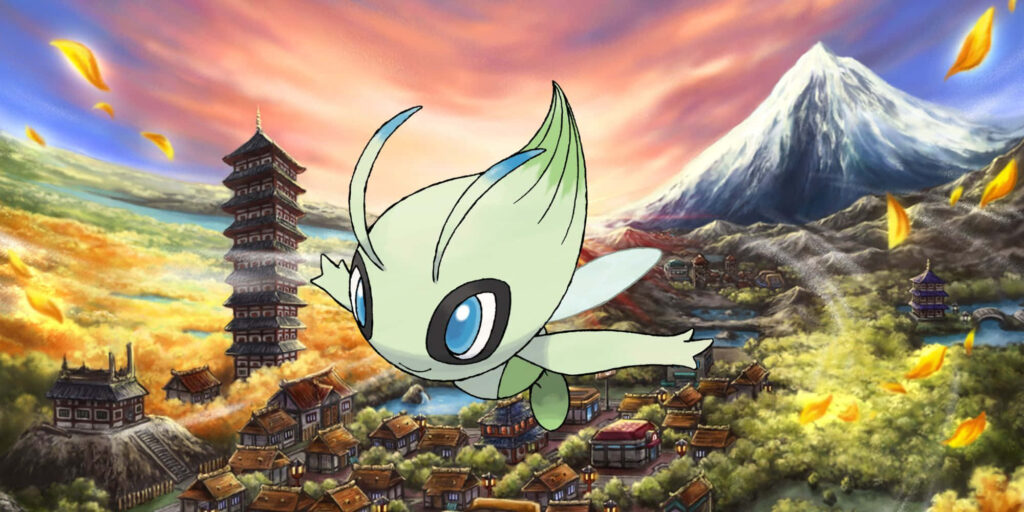 Celebi flying over ancient village with pagoda autumn leaves and mountain anime wallpaper background