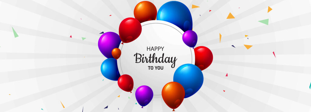 Vibrant birthday wallpaper with white frame happy birthday text colorful balloons confetti background