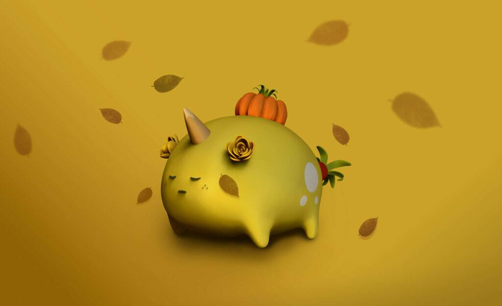 Whimsical Axie Plant Character: Delightful Image with Falling Leaves in a Vibrant Yellow Backdrop - Axie Infinity Gaming Aesthetics Wallpaper
